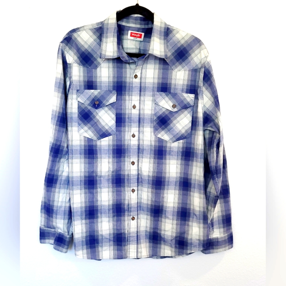 Wrangler Men’s Long Sleeve Woven‎ Blue Plaid Size L Button Down Shirt